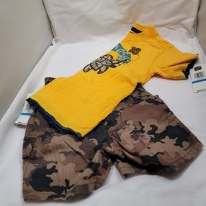 NWT Oshkosh B'gosh 2 pc brown camo shorts and orange short sleeve T shirt  24mos